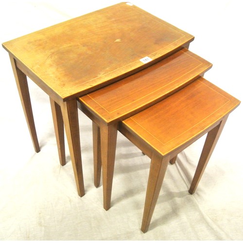 141 - Edwardian inlaid mahogany nest of three bow fronted tables with square tapering legs