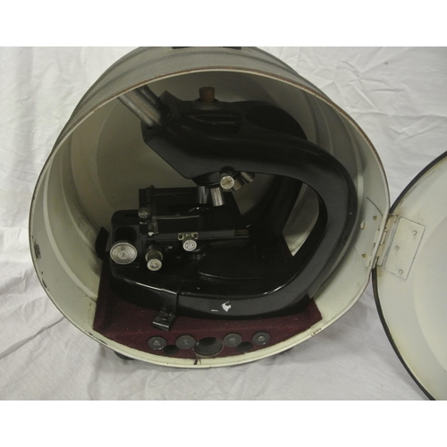 244 - Steindorff adjustable microscope / microbe hunter in circular carrying case.