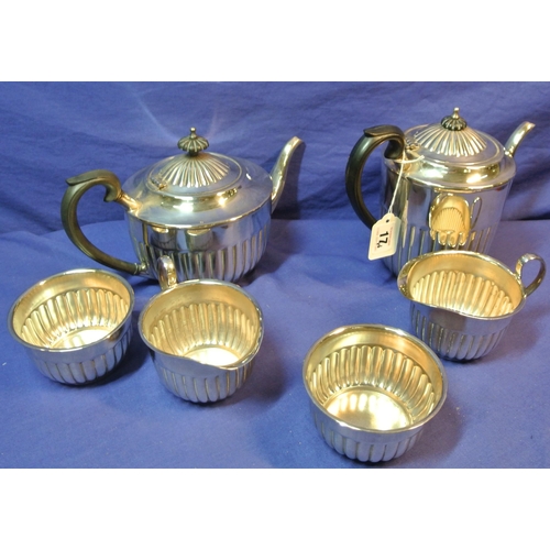 17 - Six piece Sheffield silverplated tea service with reeded decoration and shaped handles