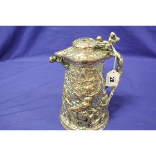 28 - Continental silver plated tankard with hinged lid, shaped handle, ornately decorated with figures, f... 