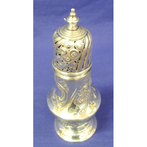 79 - Victorian London silver sugar caster ornately decorated with swags and foliage, cartouche, detachabl... 