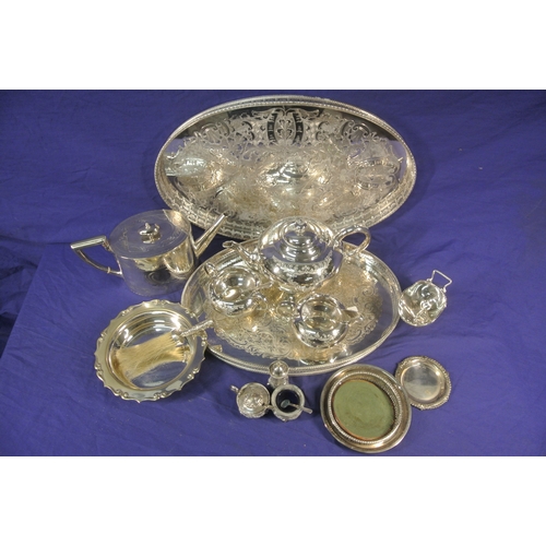 1 - Lot of silver plated items in box - tea service, trays, coasters, salt set, teapot, etc