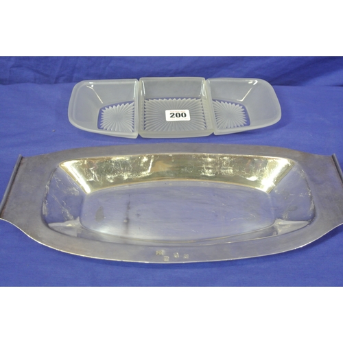 200 - Irish silver oblong serving tray by P Donegan with glass inserts, dated 1970. 445g /34cm x 16cm