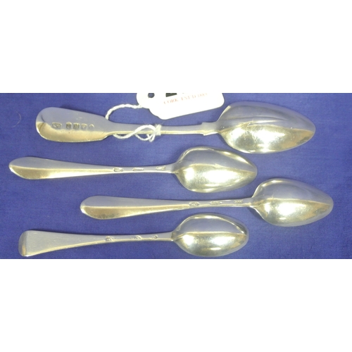 217 - 4 Irish George III teaspoons: Pair stamped 'JS', one rubbed, one by Laurence Nowlan c.1820. 60g / 15... 