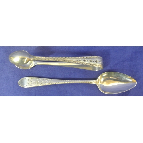 222 - Irish silver sugar tongs by West & Sons and a bright cut Irish silver teaspoon by John Shiels c 1770... 