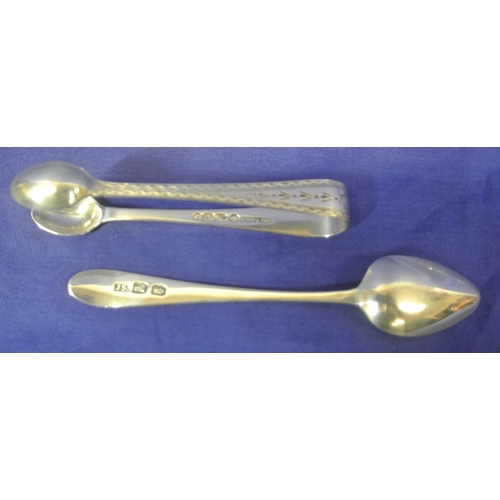 222 - Irish silver sugar tongs by West & Sons and a bright cut Irish silver teaspoon by John Shiels c 1770... 