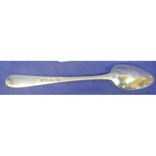 237 - Irish George III silver dessert spoon with tapering handle, by John Daly, Dublin 1796. 
31g /17cm