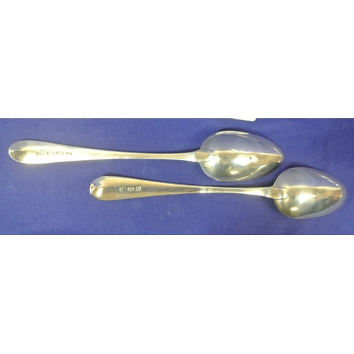 239 - Two Irish George III silver serving spoons with initialled handles, one by John Shiels, Dublin 1799,... 