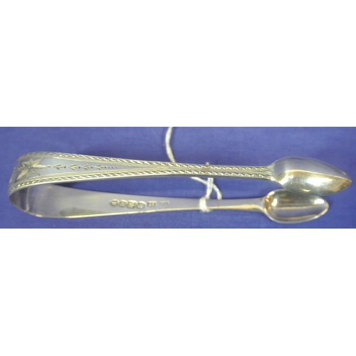 249 - Irish silver bright cut sugar tongs by Thomas Farnett, Dublin c. 1826. 13.5cm