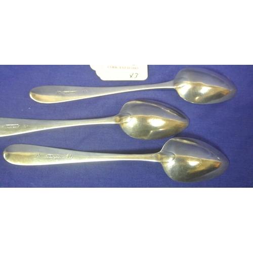 254 - Set of 3 Cork Silver George III dessert spoons with crested tapering handles, by John Nicholson c.17... 