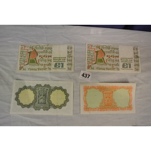 437 - 4 assorted Irish notes  One Lady Lavery  Numbered 02L 473473 Dated 21-4-76, One Ten Shilling Note Nu... 