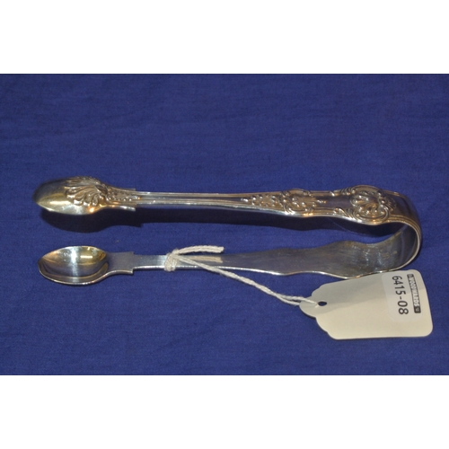 64 - London silver sugar tongs with Kings pattern handles and decorated bowls. 60g