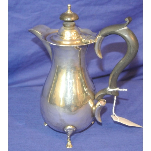 74 - Birmingham silver small coffee or chocolate pot of baluster form, with wavy rim. shaped handle, on 3... 