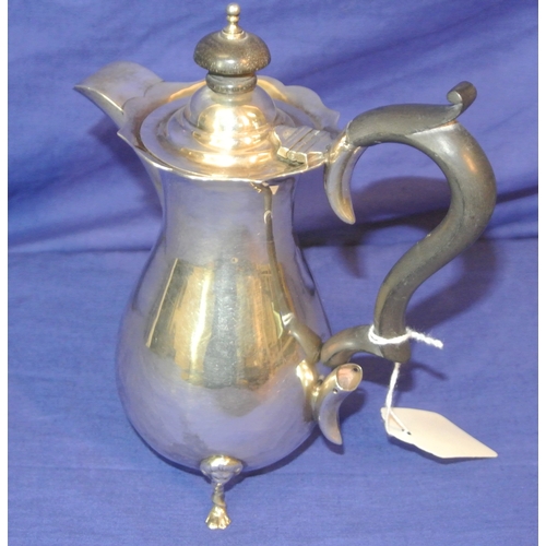 74 - Birmingham silver small coffee or chocolate pot of baluster form, with wavy rim. shaped handle, on 3... 