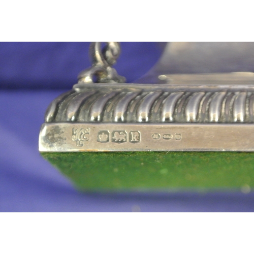 90 - Sheffield silver inkwell with shaped finials, stepped gadroon base, 566g.