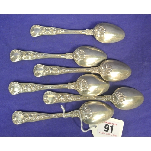 91 - Set of 6 George IV London silver teaspoons with foliate handles, 1827 & 1824. 230g