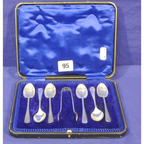 95 - Set of 6 Sheffield silver coffee spoons and sugar tongs in presentation case