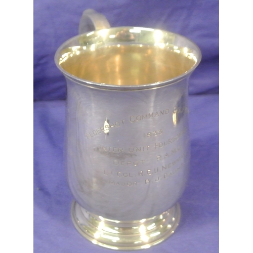 96 - London silver baluster tankard with shaped handle and stepped base, inscribed 'Aldershot Command Gol... 