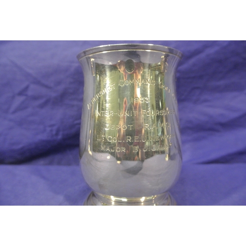 96 - London silver baluster tankard with shaped handle and stepped base, inscribed 'Aldershot Command Gol... 