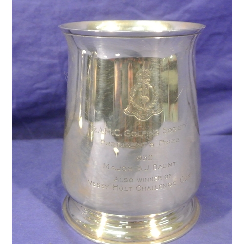 97 - London silver round tankard with shaped handle and stepped base, inscribed 'RAMC golfing society' 19... 