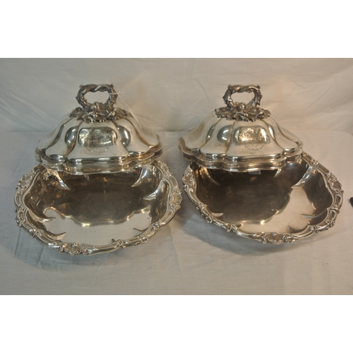 291 - Pair of George IV London silver round entree dishes with foliate, scroll and shell decorated borders... 