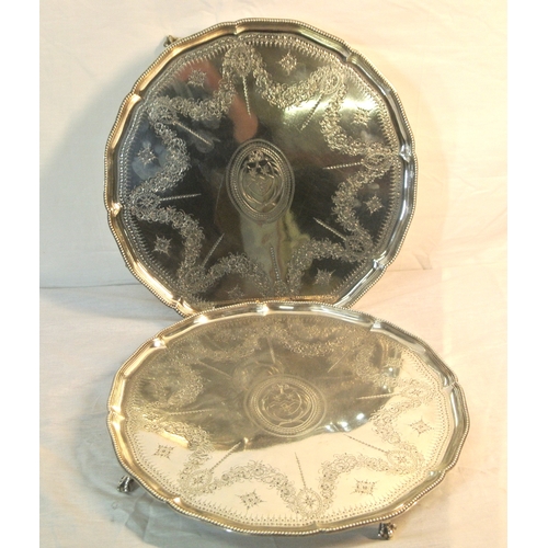 292 - Pair of George III London Silver round trays with beaded shaped rims, foliate chasing and central ov... 