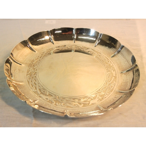 298 - Irish silver round strawberry dish with scalloped border, Celtic design band, by William Egan & Sons... 