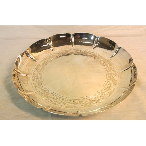 298 - Irish silver round strawberry dish with scalloped border, Celtic design band, by William Egan & Sons... 