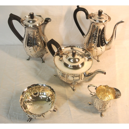 300 - Irish silver 5 piece tea service of baluster form, with wavy rims, beaded decoration, shaped handles... 