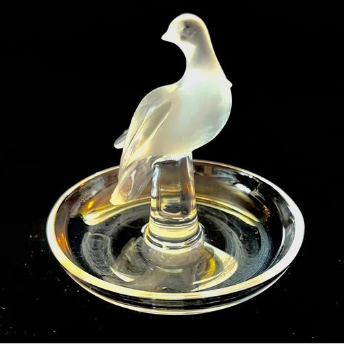 320 - Lalique Dove Ring/Pin Tray Designed by Marie Lalique with frosted dove with wings down looking over ... 