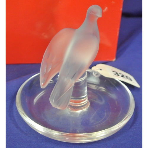 320 - Lalique Dove Ring/Pin Tray Designed by Marie Lalique with frosted dove with wings down looking over ... 