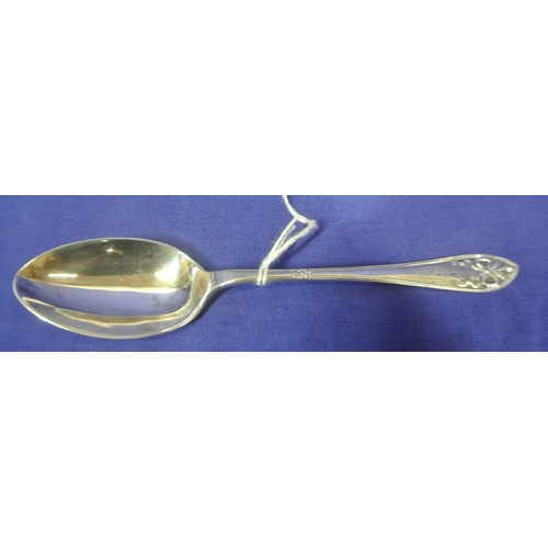 48 - Sheffield silver spoon with folate decorated inscribed handle, in presentation case.25g