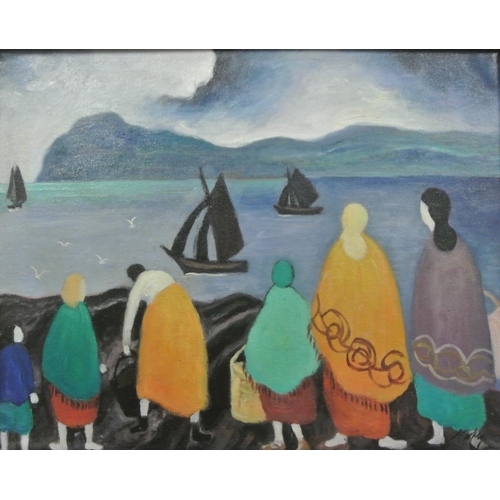 371 - Markey Robinson 1918-1999 'Shoreline with figures' oil on board, 39x49cm Signed