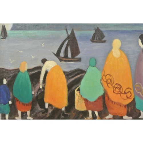 371 - Markey Robinson 1918-1999 'Shoreline with figures' oil on board, 39x49cm Signed