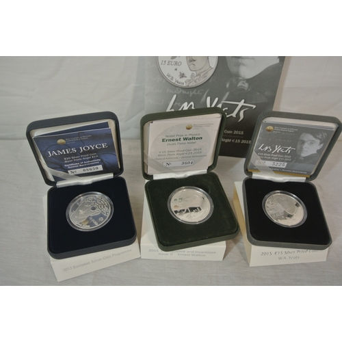 401 - Central Bank of Ireland James Joyce €10 proof coin, Ernest Walton 2015 €15 coin, and WB Yeats 2015 €... 