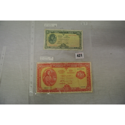 421 - Irish  used Notes Lady Lavery   One pound Lady Lavery Dated   21-4-75 68K.  Lady Lavery Twenty pound... 