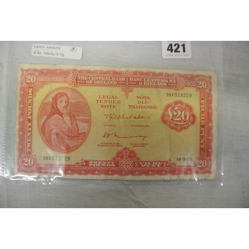 421 - Irish  used Notes Lady Lavery   One pound Lady Lavery Dated   21-4-75 68K.  Lady Lavery Twenty pound... 