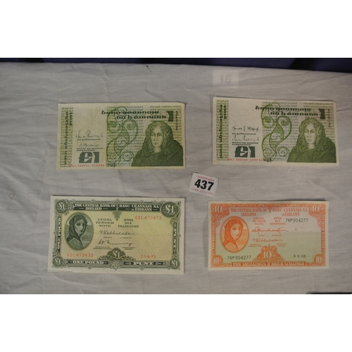 437 - 4 assorted Irish notes  One Lady Lavery  Numbered 02L 473473 Dated 21-4-76, One Ten Shilling Note Nu... 