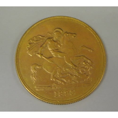 306 - 1893 British quintuple Victoria Gold 5 Pound coin, 3rd portrait
Weight: 39 grams. Diameter: 38.6 mm.... 