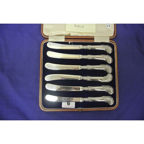 6 - Set of 6 Sheffield silver handled fruit knives with pistol grips, in case, 1913, retailed by Sharman... 