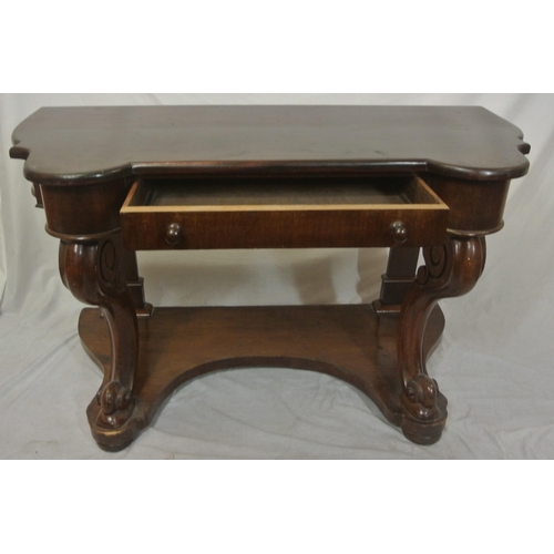 30 - Victorian duchess hall or side table with frieze drawer, ornate carved cabriole columns, on shaped p... 