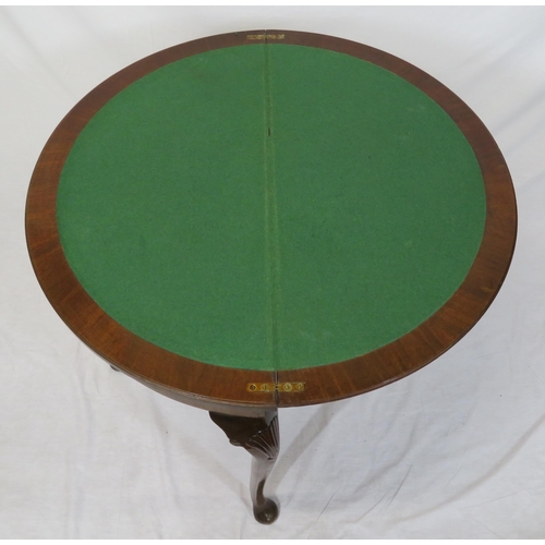 60 - Victorian walnut demi-lune card table with fold-over top, pull-out support, baize playing surface, o... 