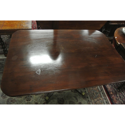 150 - Regency style square library or breakfast table with reeded borders, turned column, on reeded quadra... 