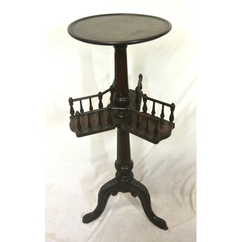 106 - Victorian mahogany round jardiniere or occasional table with triple bookstand, turned rails & column... 