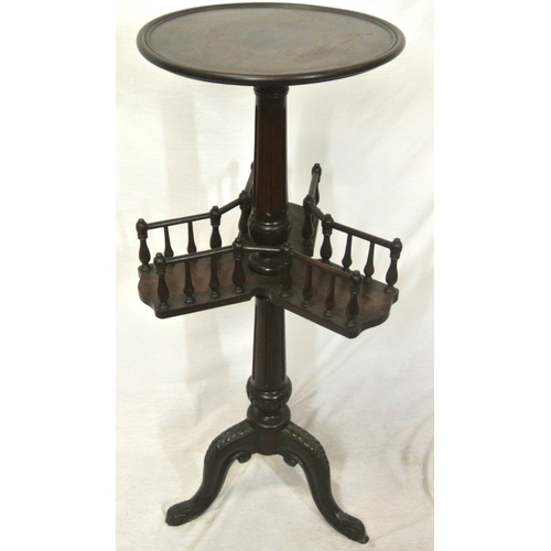 106 - Victorian mahogany round jardiniere or occasional table with triple bookstand, turned rails & column... 