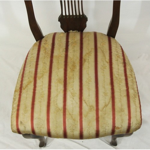 310 - Victorian style occasional chair with pierced wheatsheaf splat, striped upholstery, on cabriole legs