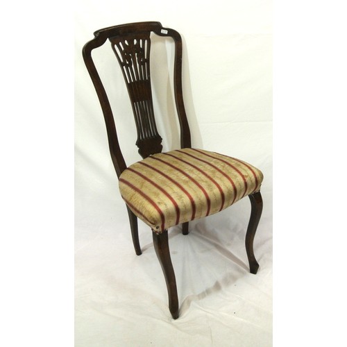 310 - Victorian style occasional chair with pierced wheatsheaf splat, striped upholstery, on cabriole legs