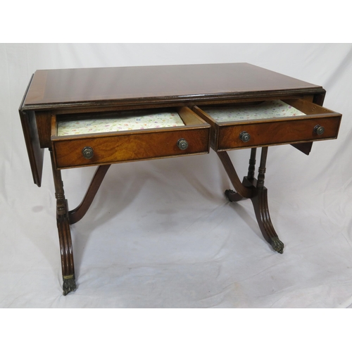 110 - Edwardian style inlaid & crossbanded mahogany sofa table with drop leaves, pull-out supports, frieze... 