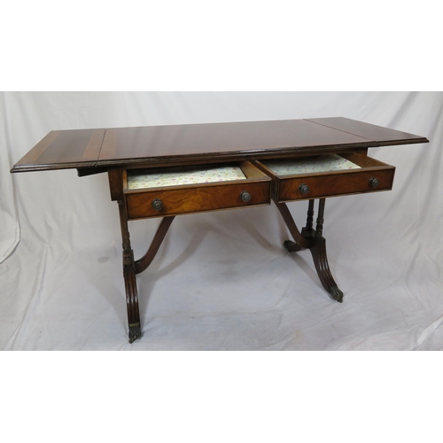 110 - Edwardian style inlaid & crossbanded mahogany sofa table with drop leaves, pull-out supports, frieze... 