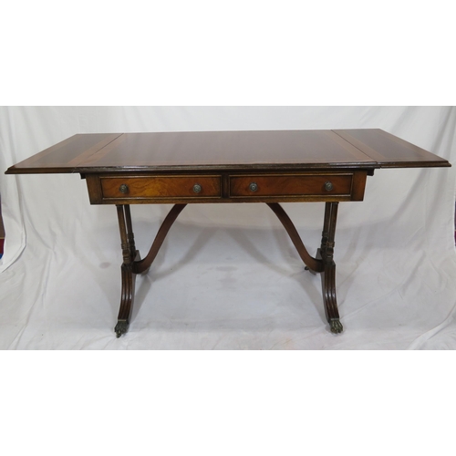 110 - Edwardian style inlaid & crossbanded mahogany sofa table with drop leaves, pull-out supports, frieze... 